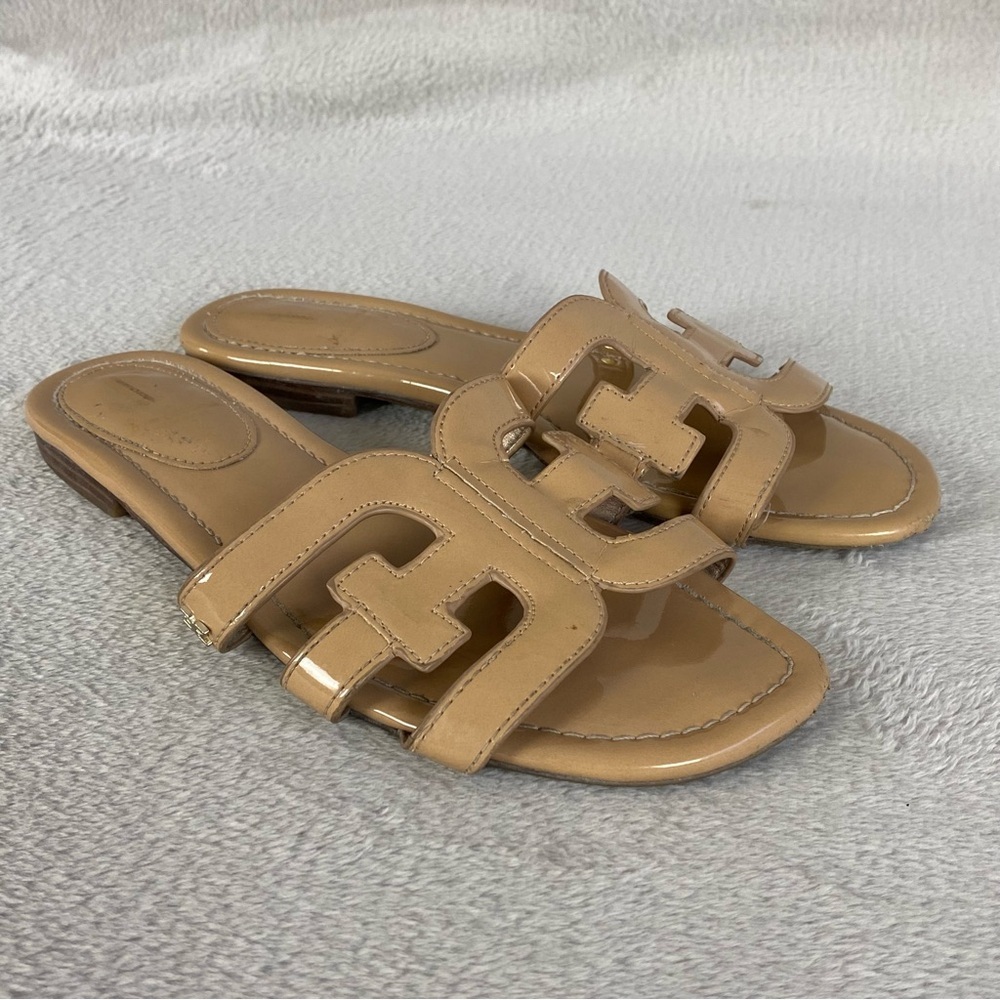 Sam Edelman Bay Womens Slide Sandals Size 8.5 M Tan Patent Leather Flats Slip On